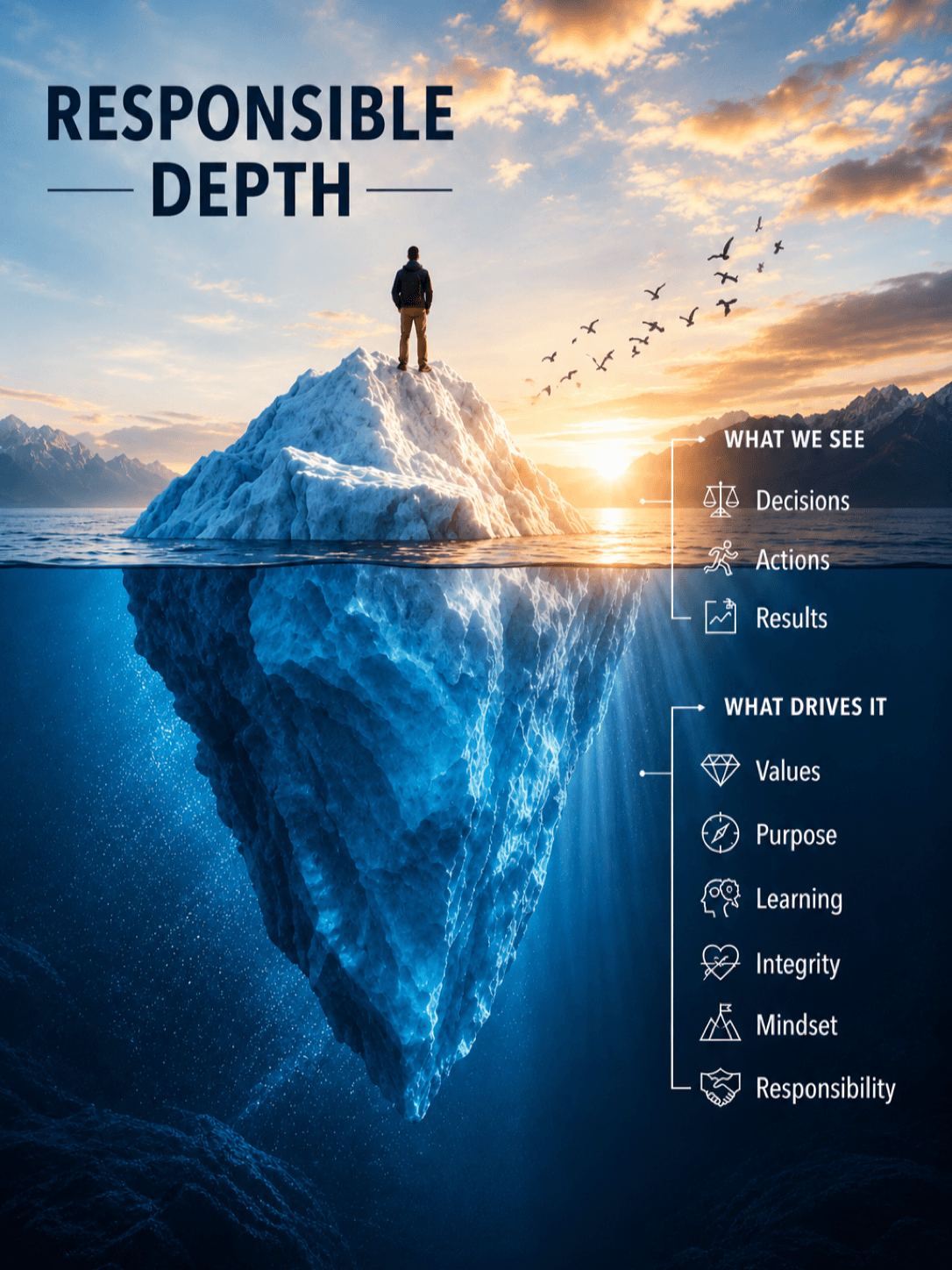 Responsible Depth — iceberg illustration showing what drives leadership beneath the surface